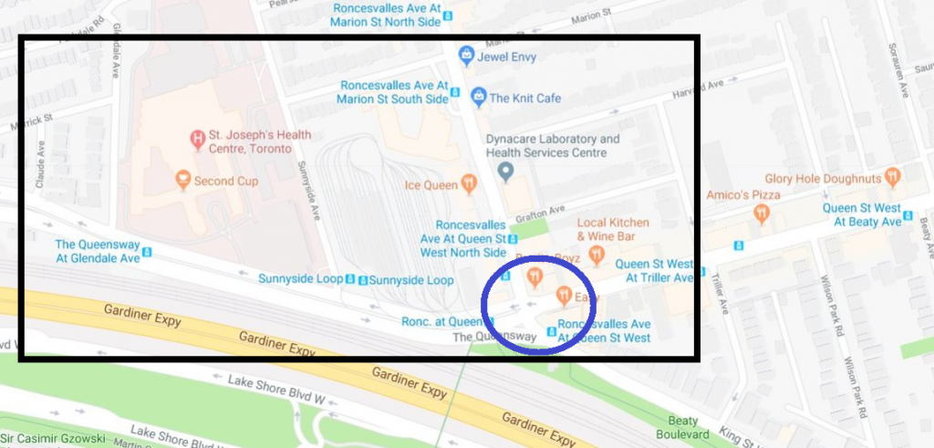 Map showing location of construction planned for 2019 on and near the intersection or Roncesvalles Ave., Queen Street West, King Street West and The Queensway.