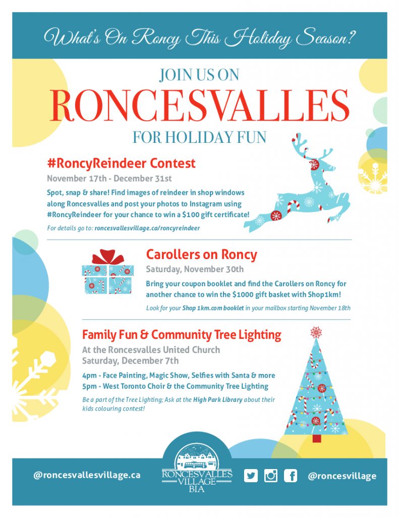 Poster describing holiday events shows an illustration of a reindeer, gift and decorated tree.